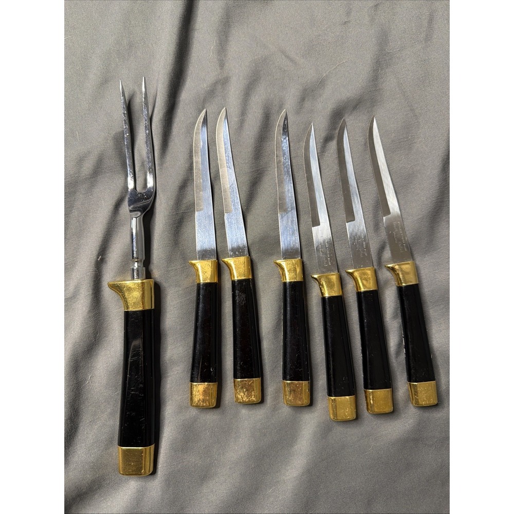 VTG 24KT GOLD PLATED REGENT SHEFFIELD & CUTLERY FORK & 6 STEAK KNIVES